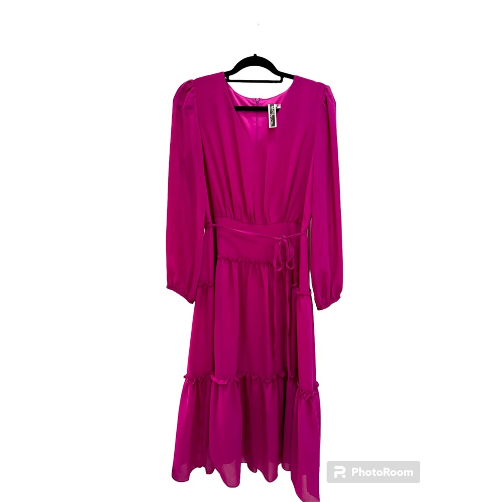Julian Taylor LS ruffle midi dress, size 12, wildberry